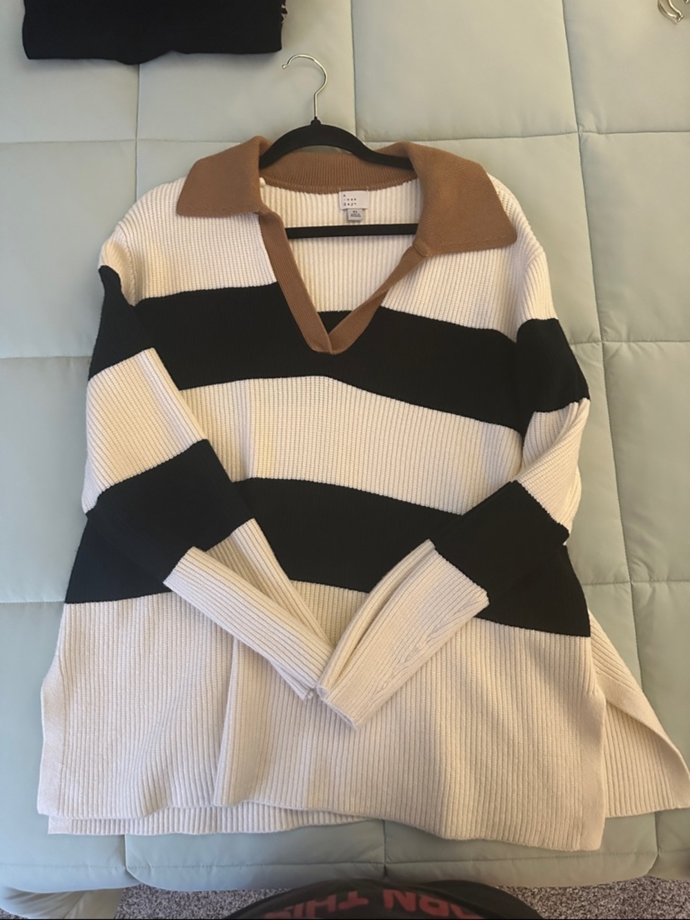 a new day Striped V-Neck Polo Sweater in Cream, Black & Brown